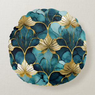 Japanische Blumen Teal Gold  Rundes Kissen