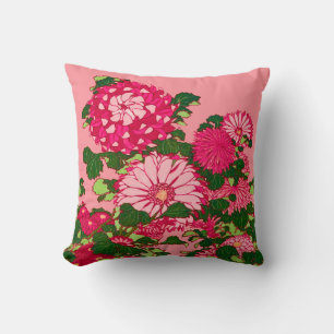 Japanische Blumenbordüre, Fuchsia und Korallenrosa Kissen
