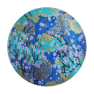Japanische Blüten-Kirschblüten-Gold-Blau-Glas Schneidebrett