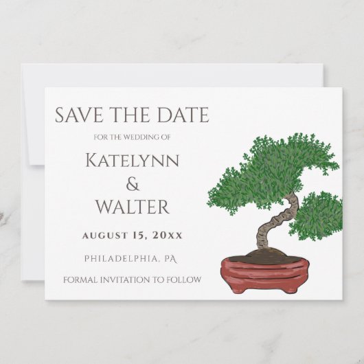 Japanische Bonsai Tree Wedding Save the Date Dankeskarte (Vorderseite)