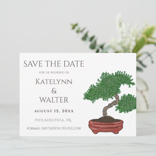 Japanische Bonsai Tree Wedding Save the Date Dankeskarte (Stehend Vorderseite)