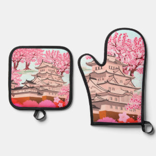 Japanische Burg Sakura Burg Cherry Blossom Ofenhandschuh & Topflappen-Set