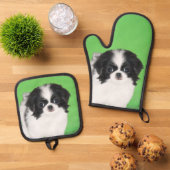 Japanische Chin Puppy-Malerei Originale Hundkunst Ofenhandschuh & Topflappen-Set (Oben Unten)