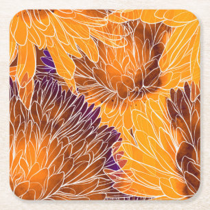 Japanische Chrysantheme: Nahtloses Wasserfarbenmus Rechteckiger Pappuntersetzer