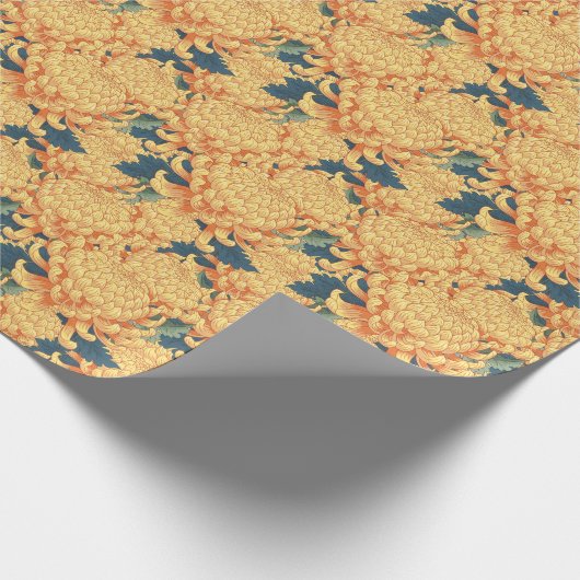 Japanische Chrysanthemen: gelbes Blumenmuster. Geschenkpapier (Ecke)