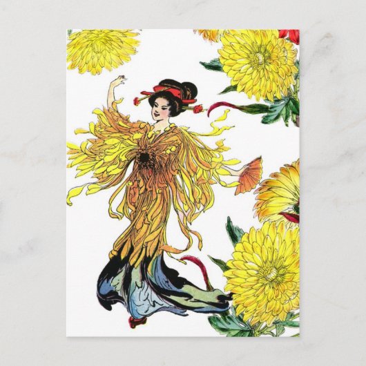 Japanische Chrysanthemum-Blume Fairy mit Fan Postkarte (Vorderseite)