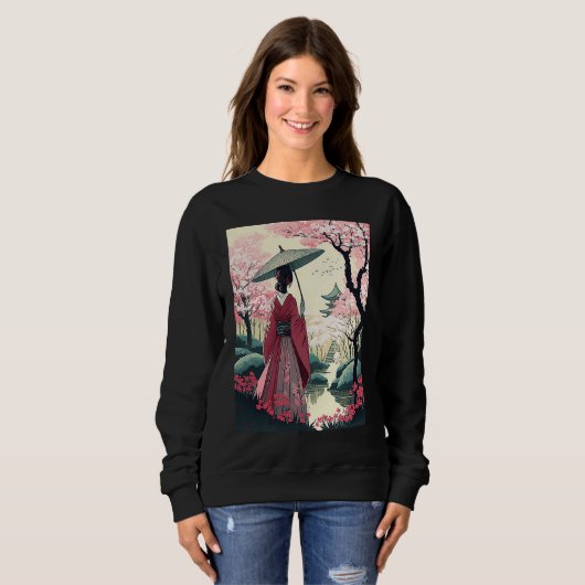 Japanische Dame mit Umbrella Pagoda Kirsche Blosso Sweatshirt (Vorne ganz)