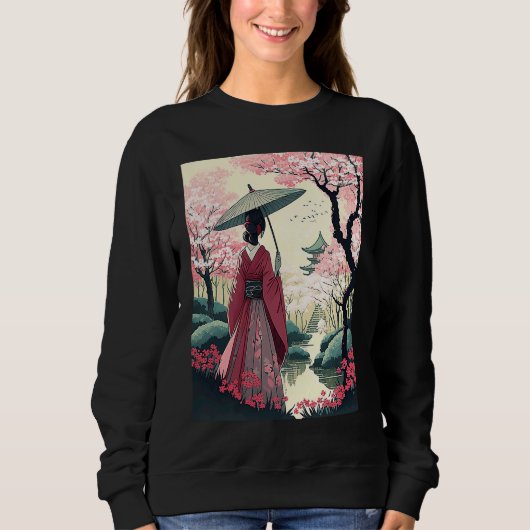 Japanische Dame mit Umbrella Pagoda Kirsche Blosso Sweatshirt (Vorderseite)