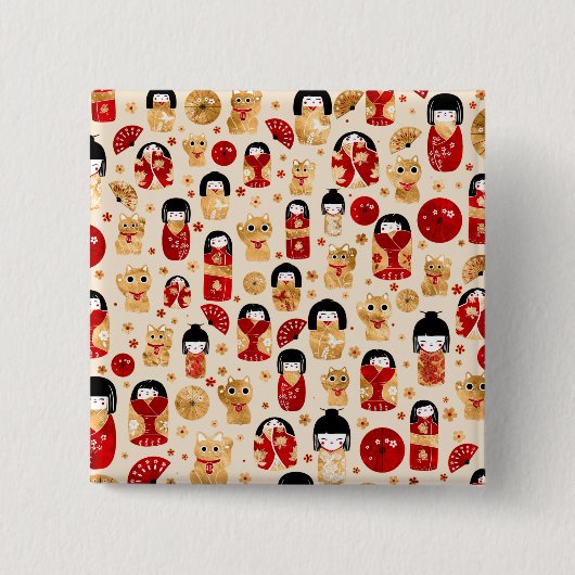 Japanische Dollars - Kokeshi und Maneki Neko Cats Button (Vorderseite)