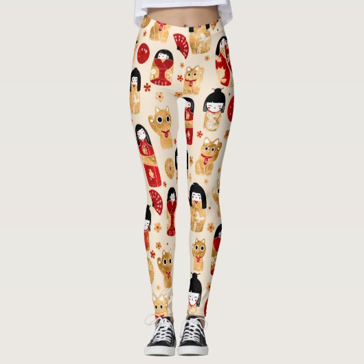 Japanische Dollars - Kokeshi und Maneki Neko Cats Leggings (Vorderseite)