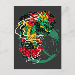 Japanische Drachen-Pfingstrose Traditionelle Tatto Postkarte