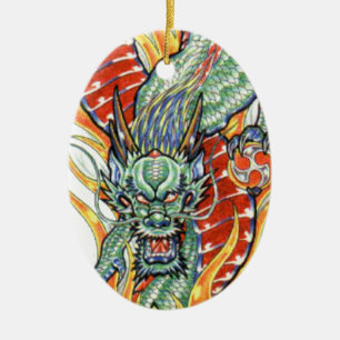 Japanische Drachen- und Lotus-Blume Keramik Ornament