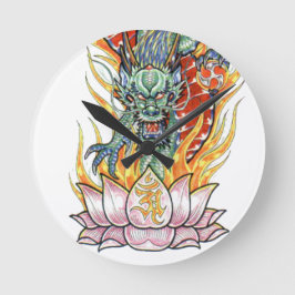 Japanische Drachen- und Lotus-Blume Runde Wanduhr