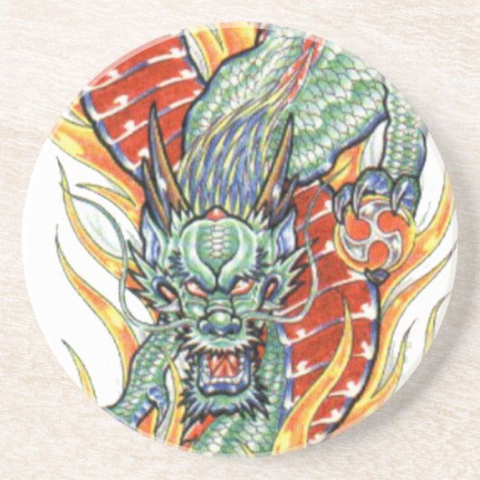 Japanische Drachen- und Lotus-Blume Sandstein Untersetzer (Vorne)