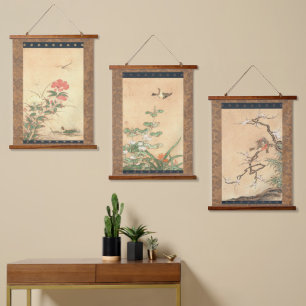 Japanische Edo Periode Kano Motonobu Vögel & Blume Wandteppich Mit Holzrahmen