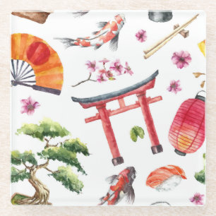 Japanische Elemente Wasserfarbe Nahtlose Textur Glasuntersetzer