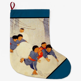 JAPANISCHE FAMILIE, die im SCHNEE Großer Weihnachtsstrumpf