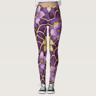 Japanische Florale Lila Gold Leggings