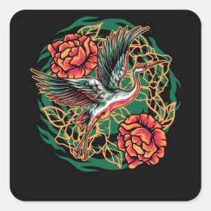 Japanische Flugkrane mit Rose Design Quadratischer Aufkleber