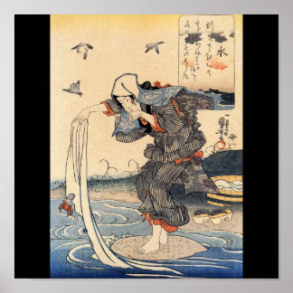 Japanische Frau, die Wäsche im Fluss c macht. 1800 Poster