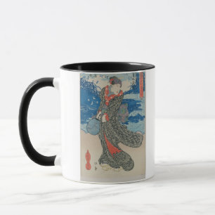 Japanische Frau durch das Meer (Farbewoodblock Tasse