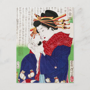 Japanische Frau hält eine Katze, Tsukioka Yoshitos Postkarte