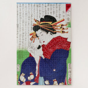Japanische Frau hält eine Katze, Tsukioka Yoshitos Puzzle