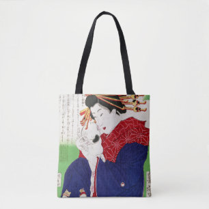 Japanische Frau hält eine Katze, Tsukioka Yoshitos Tasche