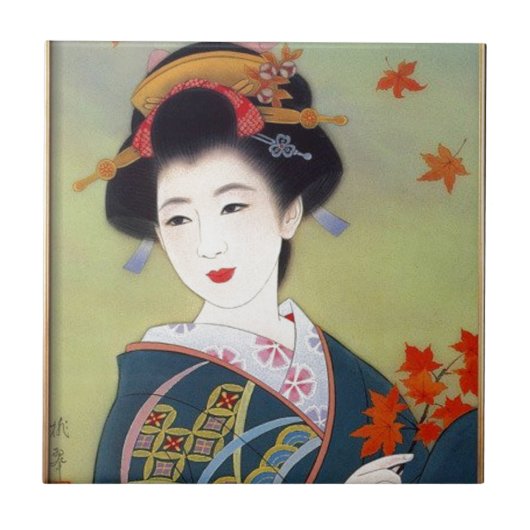 Japanische Frau im blauen Kimono Fliese (Vorderseite)