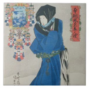 Japanische Frau im Schnee (Farbewoodblock Druck Fliese