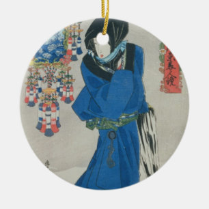 Japanische Frau im Schnee (Farbewoodblock Druck Keramikornament