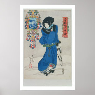 Japanische Frau im Schnee (Farbewoodblock Druck Poster