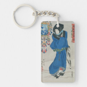 Japanische Frau im Schnee (Farbewoodblock Druck Schlüsselanhänger