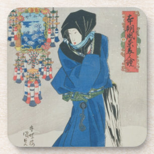 Japanische Frau im Schnee (Farbewoodblock Druck Untersetzer