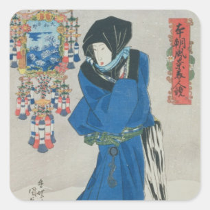 Japanische Frau im Schnee (Farbwoodblock-Druck Quadratischer Aufkleber
