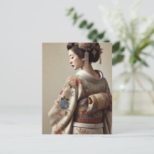 Japanische Frau im traditionellen Kimono Postkarte (Stehend Vorderseite)
