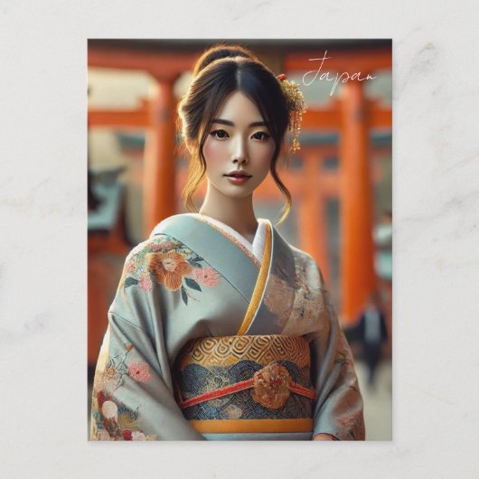 Japanische Frau im traditionellen Kimono Torii Postkarte (Vorderseite)