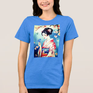 Japanische Frau mit einem blauen Schmetterling Tri-Blend Shirt