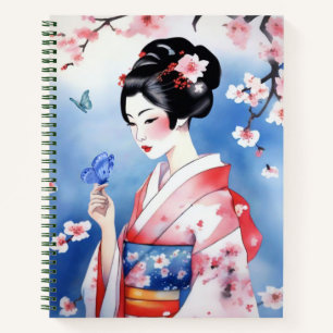 Japanische Frau mit einem Blue Butterfly Journal Notizblock