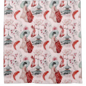 Japanische Frau Pagoda Lotus Koi Fisch Wasserfarbe Duschvorhang (Vorderseite)