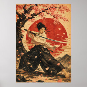 Japanische Frau Roter Sonnenportraitposter  Poster