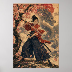 Japanische Frau Roter Sonnenportraitposter Poster