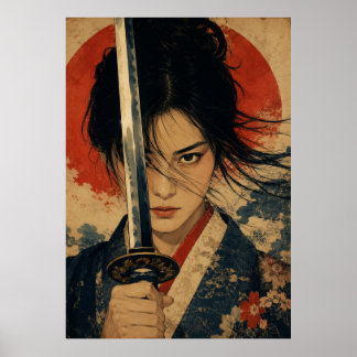 Japanische Frau Roter Sonnenportraitposter Poster