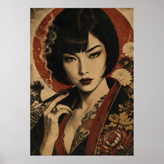 Japanische Frau Roter Sonnenportraitposter Poster