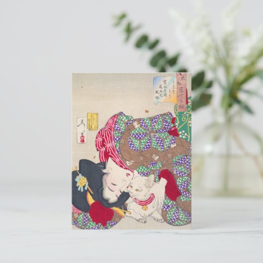 Japanische Frau und Katzenkunst - Taiso Yoshitoshi Postkarte (Stehend Vorderseite)