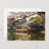 Japanische Frühlingsszene mit Teich und Kirschblüt Postkarte (Vorne/Hinten)
