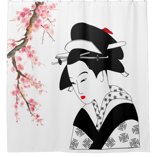 Japanische geisha Kirschblüte Blüte Rosa Weiß Duschvorhang (Vorderseite)