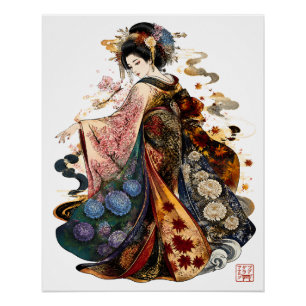 Japanische Geisha-Kunst   Kimono und saisonale Blu Poster