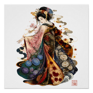Japanische Geisha-Kunst   Kimono und saisonale Blu Poster