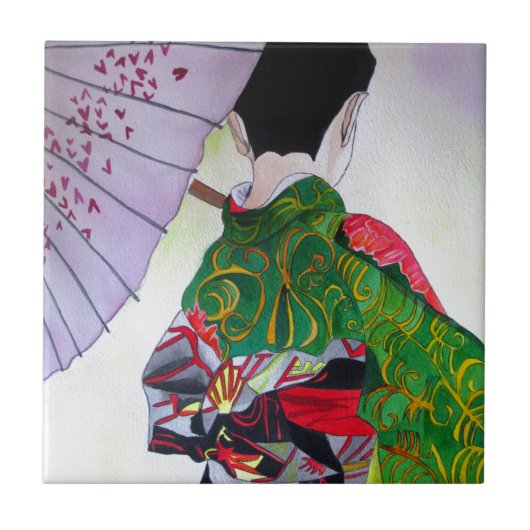 Japanische Geisha-Kunst mit Kimono und Schirm Fliese (Vorderseite)